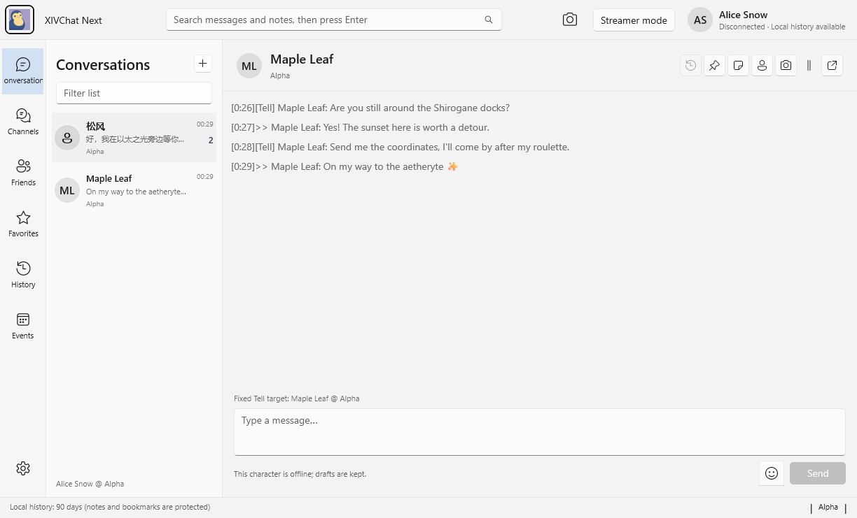 XIVChat Next main window showing a tell conversation with Maple Leaf